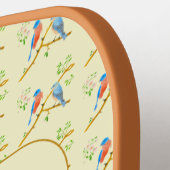 ブルーバードと文字イエローピックボールパドル ピックルボールラケット (左詳細)