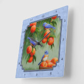 ブルーバードと桃の青 スクエア壁時計 (傾斜)