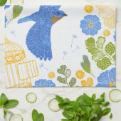 ブルーバードと花 キッチンタオル (折り畳み)