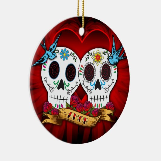 ブルーバードのオーナメントが付いている愛スカル セラミックオーナメント (右)