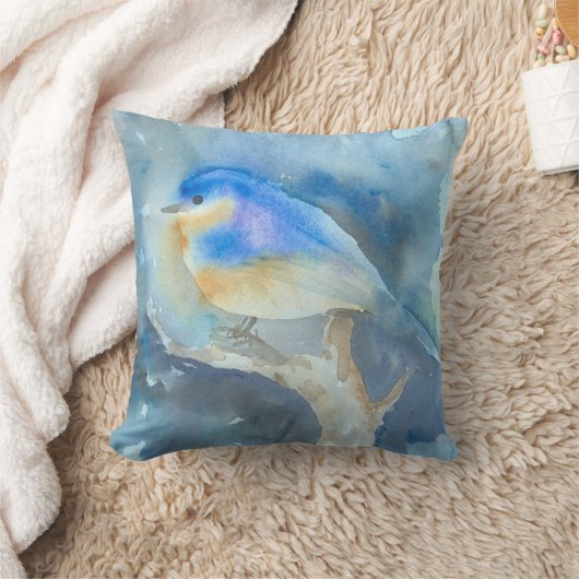 ブルーバードの水彩画の芸術の枕 クッション (ブランケット)