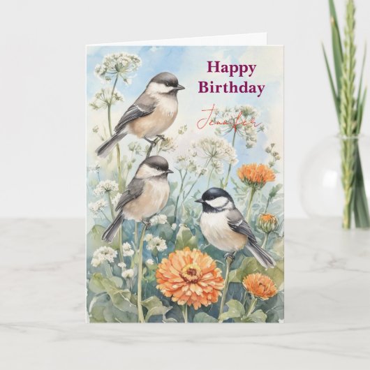 ブルーバードの花の水彩画 誕生日おめでとう 名前入り カード (正面)