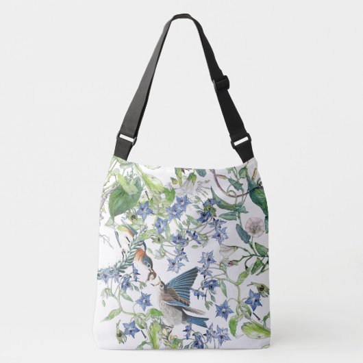 ブルーバードの鳥の朝顔のるりぢさの花のトートバック クロスボディバッグ (正面)
