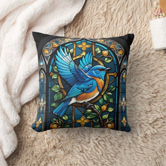 ブルーバードを歌う:ステンドグラス・セレナーデ クッション (ブランケット)