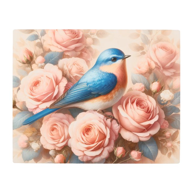 ブルーバードアンド赤面ピンクローズ メタルプリント (正面)