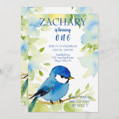 ブルーバードウォーターカラー誕生日 招待状 (正面/裏面)