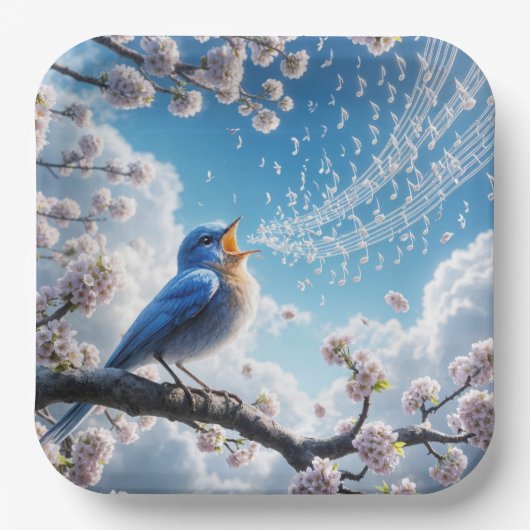 ブルーバードオンさくらんぼツリーブランチ ペーパープレート (正面)