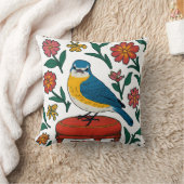 ブルーバードオン素朴ポーフのフォークアート クッション (ブランケット)