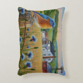 ブルーバードコーンフラワーズサマーファームウォーターカラーアート アクセントクッション (正面(垂直))