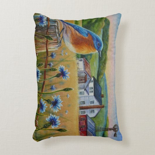 ブルーバードコーンフラワーズサマーファームウォーターカラーアート アクセントクッション (正面(垂直))