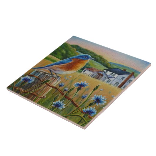 ブルーバードコーンフラワーズサマーファームウォーターカラーアート タイル (側面)