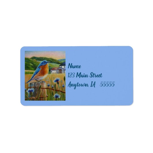 ブルーバードコーンフラワーズサマーファームウォーターカラーアート ラベル (正面)