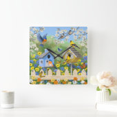 ブルーバードゴールドフィンチズバードハウスフラワーガーデン スクエア壁時計 (ホーム)