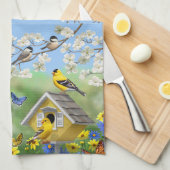ブルーバードゴールドフィンチズバードハウズフラワーガーデン キッチンタオル (四つ折り)