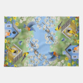 ブルーバードゴールドフィンチズバードハウズフラワーガーデン キッチンタオル (横)