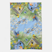 ブルーバードゴールドフィンチズバードハウズフラワーガーデン キッチンタオル (縦)
