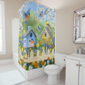 ブルーバードゴールドフィンチズバードハウズフラワーガーデン シャワーカーテン (インサイチュ)