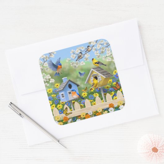 ブルーバードゴールドフィンチズバードハウズフラワーガーデン スクエアシール (封筒)