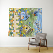 ブルーバードゴールドフィンチズバードハウズフラワーガーデン タペストリー (インサイチュ(横))