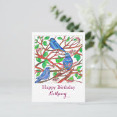 ブルーバードスケッチ名前をカスタムするハッピーバースデー ポストカード (スタンド正面)