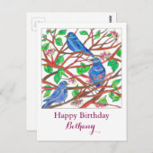ブルーバードスケッチ名前をカスタムするハッピーバースデー ポストカード (正面/裏面)