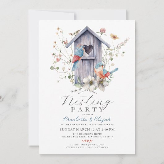 ブルーバードバードハウスワイルドフラワーネスティングパーティー 招待状 (正面)