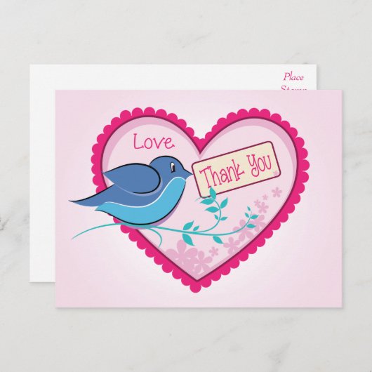 ブルーバードピンクありがとうおフローラハートはがき ポストカード (正面/裏面)