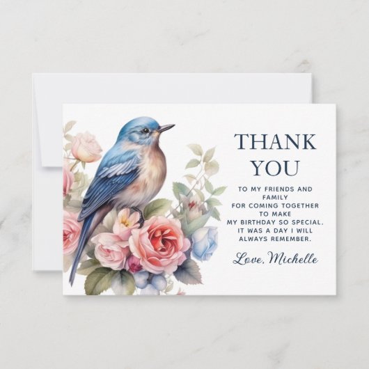 ブルーバードピンクの花誕生日ありがとう サンキューカード (正面)