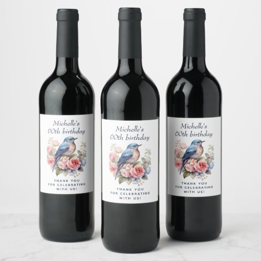 ブルーバードピンクの花60誕生日 ワインラベル (ボトル)