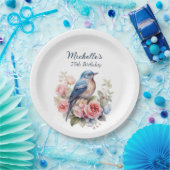 ブルーバードピンクの花75誕生日 ペーパープレート (パーティー)