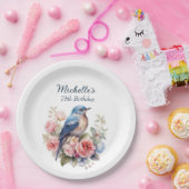 ブルーバードピンクの花75誕生日 ペーパープレート (パーティー)