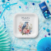 ブルーバードピンクの花75誕生日 ペーパープレート (パーティー)