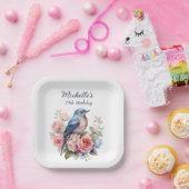 ブルーバードピンクの花75誕生日 ペーパープレート (パーティー)