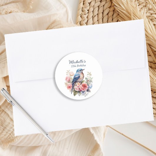 ブルーバードピンクの花75誕生日 ラウンドシール