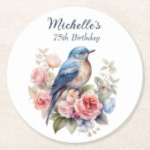 ブルーバードピンクの花75誕生日 ラウンドペーパーコースター (正面)