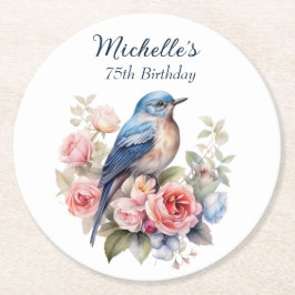 ブルーバードピンクの花75誕生日 ラウンドペーパーコースター