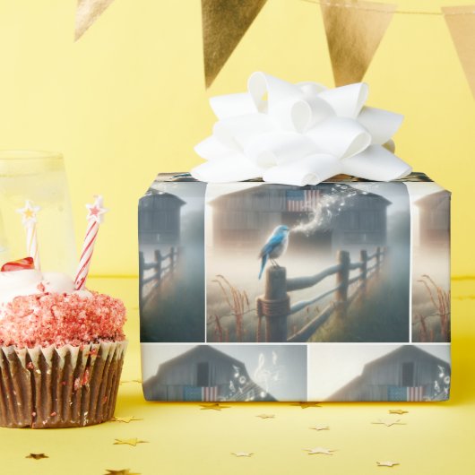 ブルーバードフェンスのポストで歌う ラッピングペーパー (誕生日パーティー)