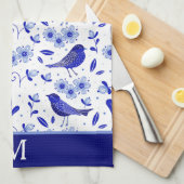 ブルーバードフォークアートパターンモノグラム キッチンタオル (四つ折り)