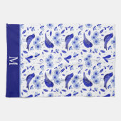 ブルーバードフォークアートパターンモノグラム キッチンタオル (横)