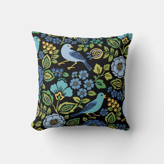 ブルーバードフローラオンブラック装飾用クッション クッション (正面)