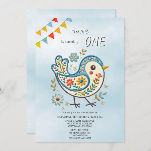 ブルーバードフローラ誕生日パーティーへの招待 招待状 (正面/裏面)