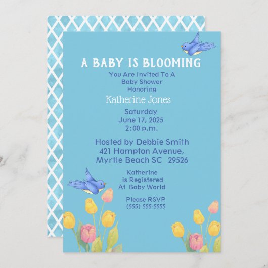 ブルーバード赤ちゃんシャワー/Aベビーが咲いている 招待状 (正面/裏面)