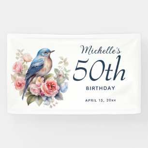 ブルーバード ピンクの花 50歳の誕生日 横断幕