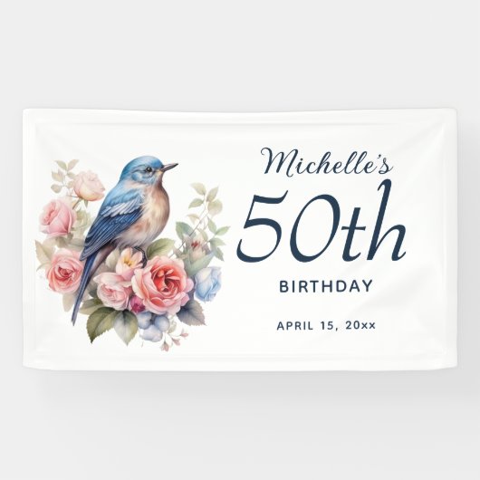 ブルーバード ピンクの花 50歳の誕生日  横断幕 (横)