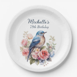 ブルーバード ピンクの花 75歳の誕生日 ペーパープレート