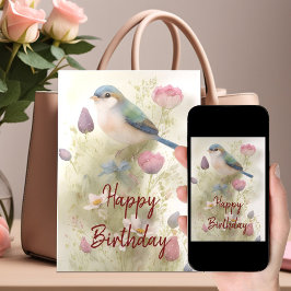 ブルーバード 春の花 水彩 誕生日 カード