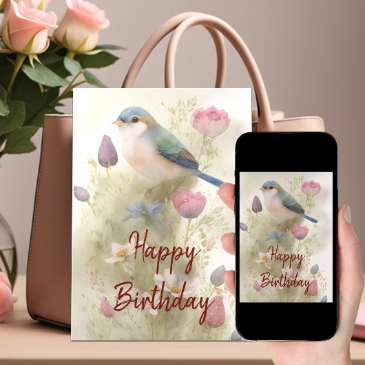 ブルーバード 春の花 水彩 誕生日 カード
