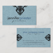 ブルーバーラップリネンのテクスチャとブラックフローラデザイン 名刺 (正面/裏面)