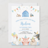 ブルーバーンファームアニマルズ納屋周囲の庭ボーイ2nd誕生日 招待状 (正面)