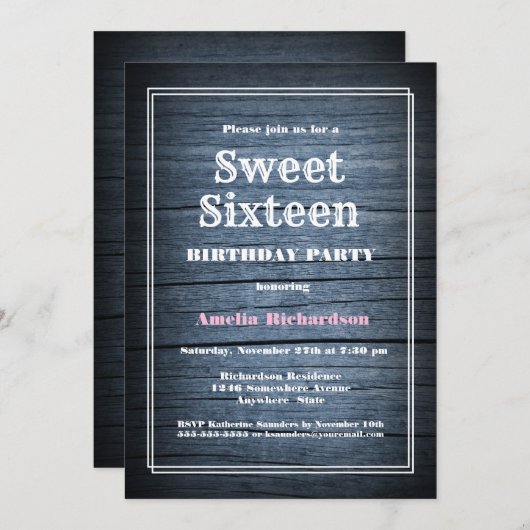 ブルーバ素朴ンウッドスウィート16バースデーパーティー 招待状 (正面/裏面)